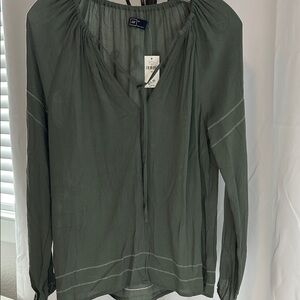 GAP Olive Green Peasant Top with Tie Neck